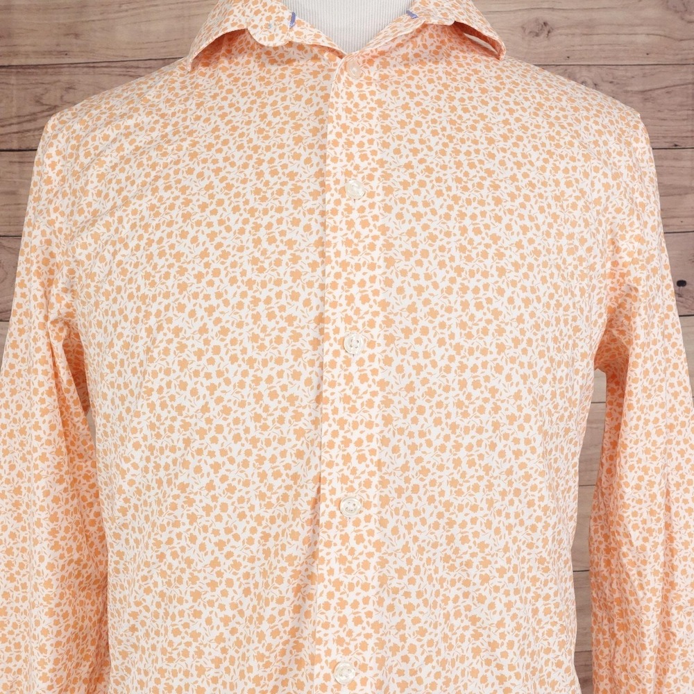 Egara Shirt Mens M Orange Floral Long Sleeve Button-Up Slim Fit Cotton